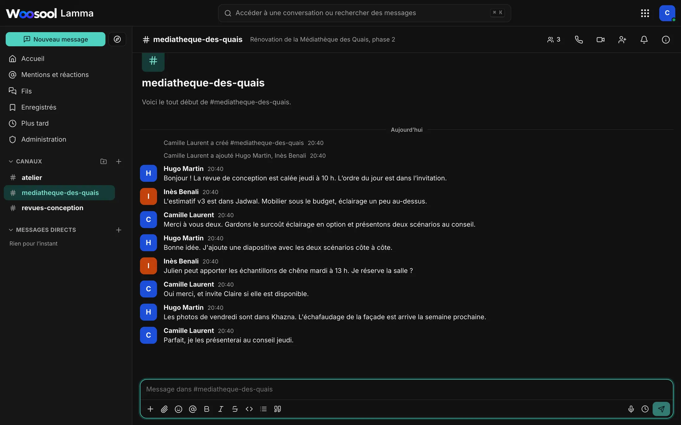 Canal de Woosool Lamma où une équipe prépare une revue de conception