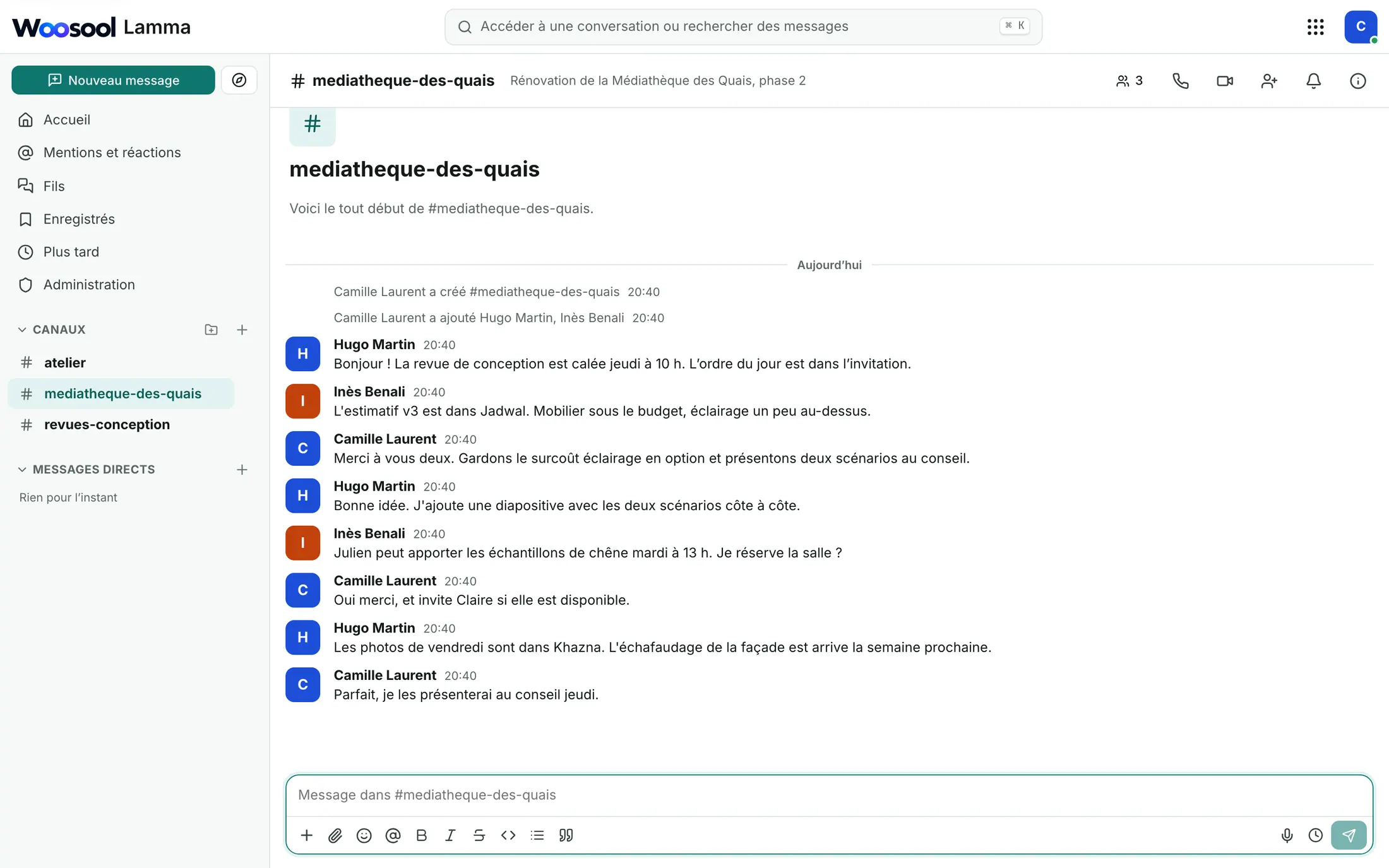 Canal de Woosool Lamma où une équipe prépare une revue de conception