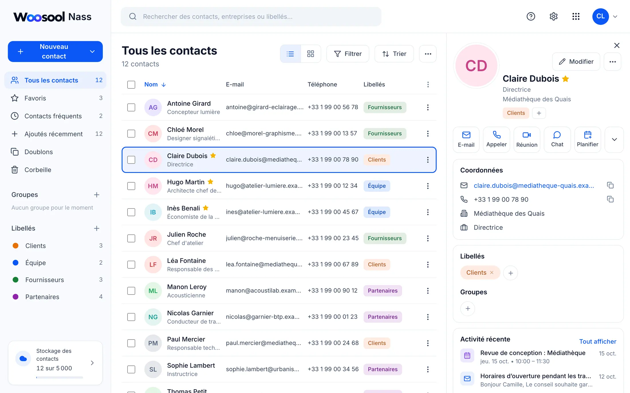 Liste de Woosool Nass avec libellés et fiche d’un contact