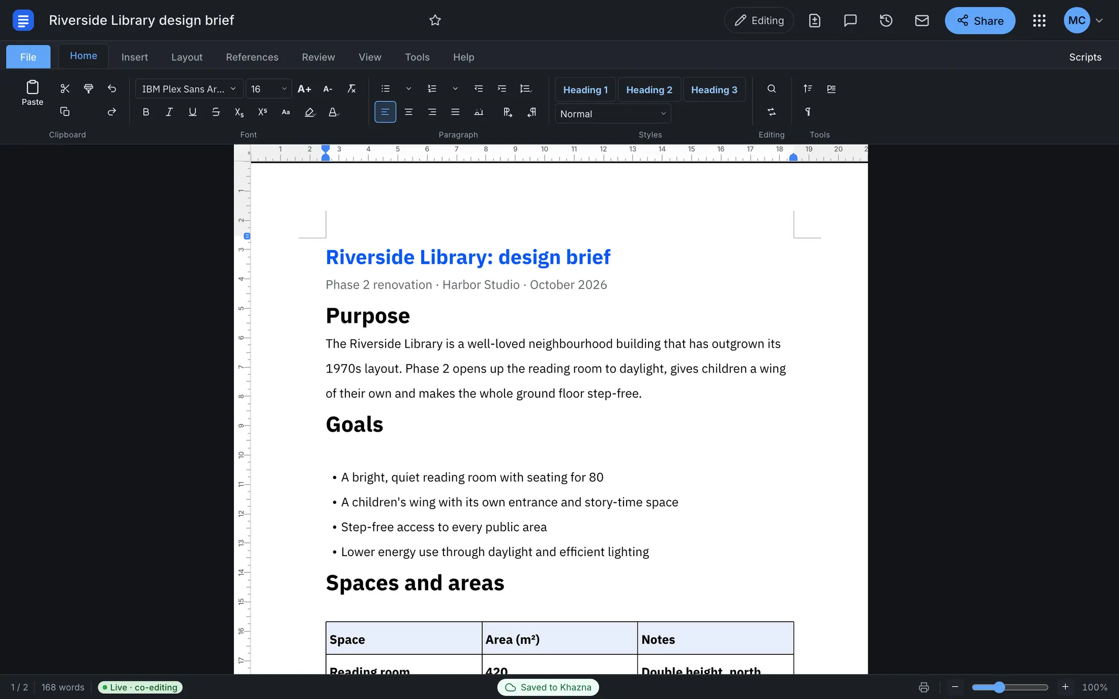 Woosool Qalam editing a design brief with headings, a list and a table