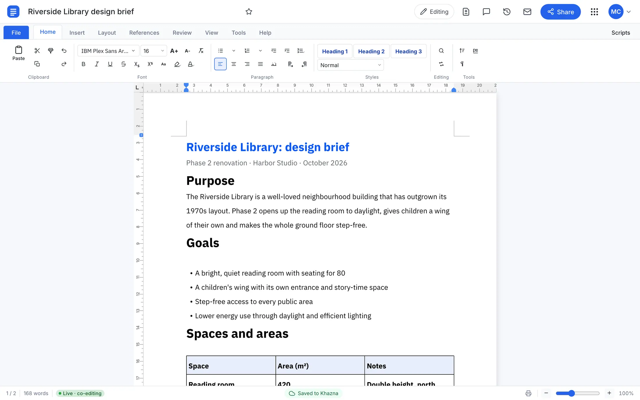 Woosool Qalam editing a design brief with headings, a list and a table