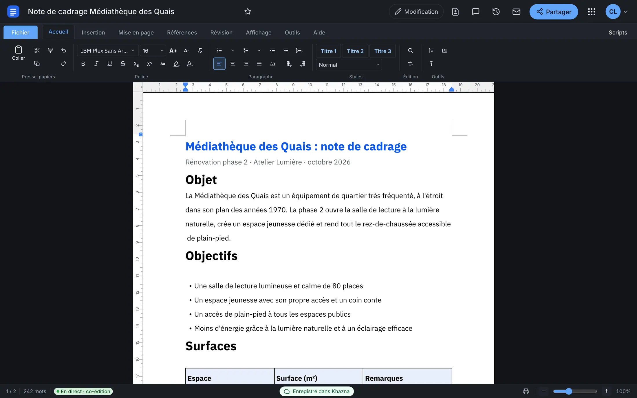 Woosool Qalam avec une note de cadrage : titres, liste et tableau