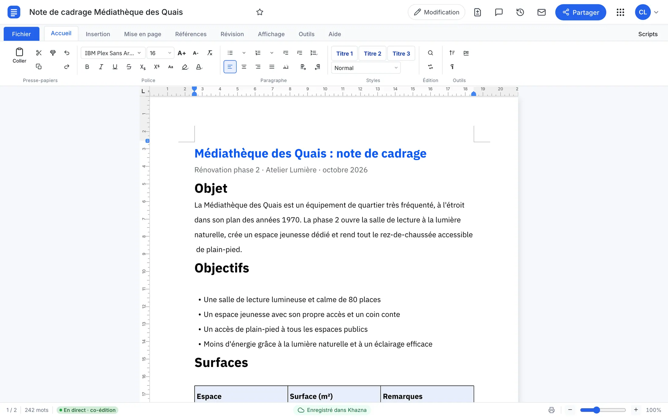 Woosool Qalam avec une note de cadrage : titres, liste et tableau