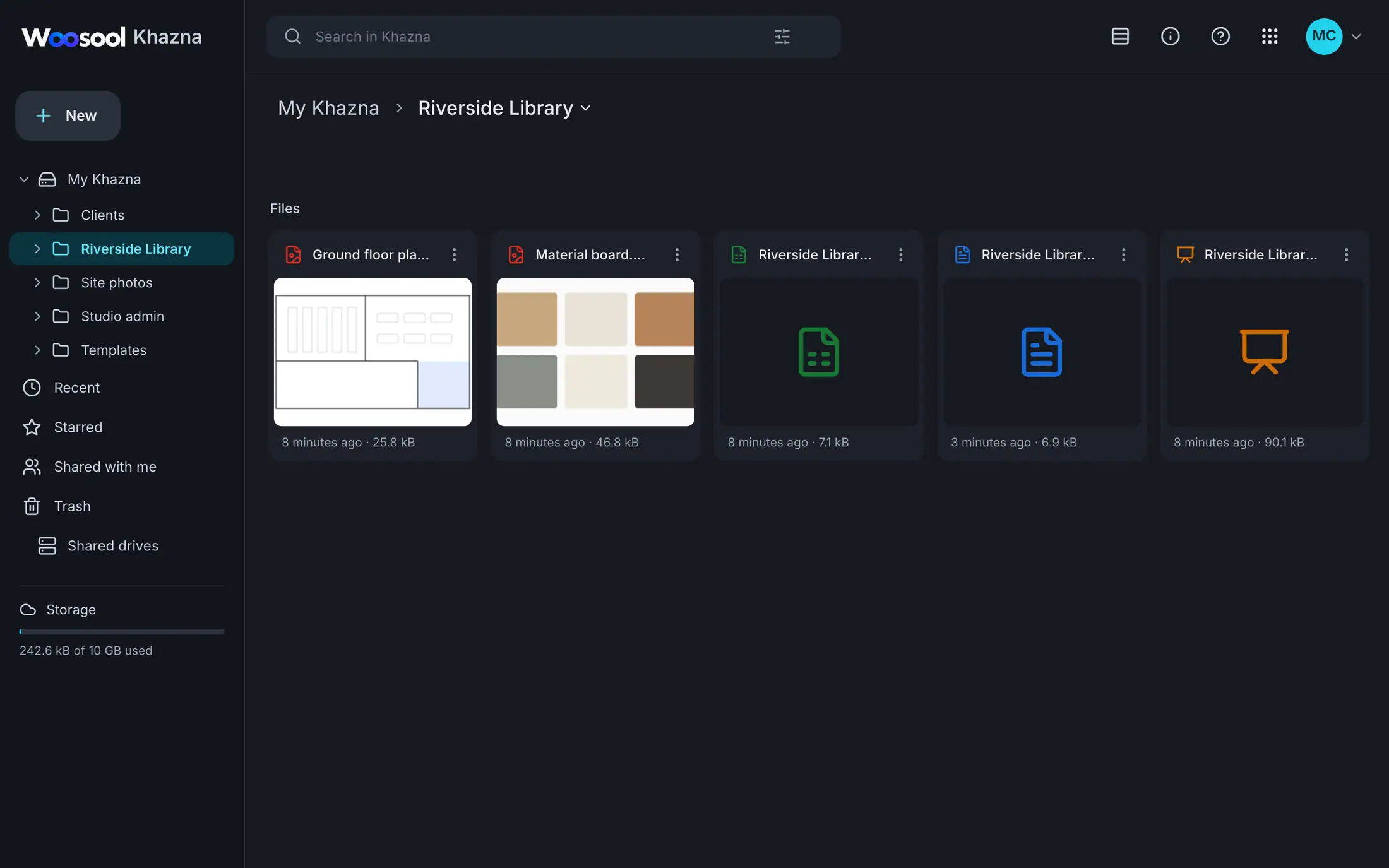 Woosool Khazna with project folders and recent files