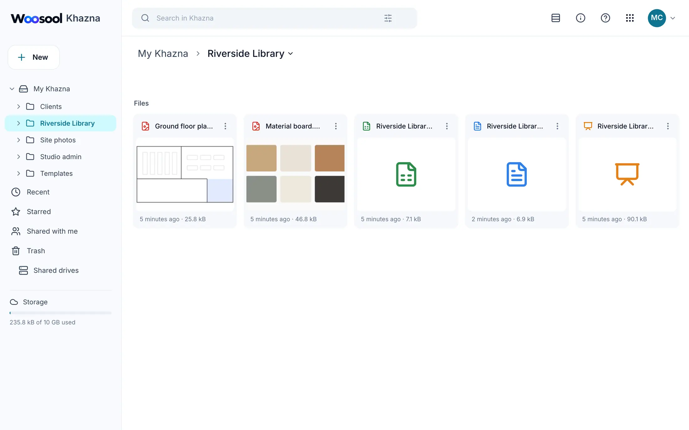 Woosool Khazna with project folders and recent files