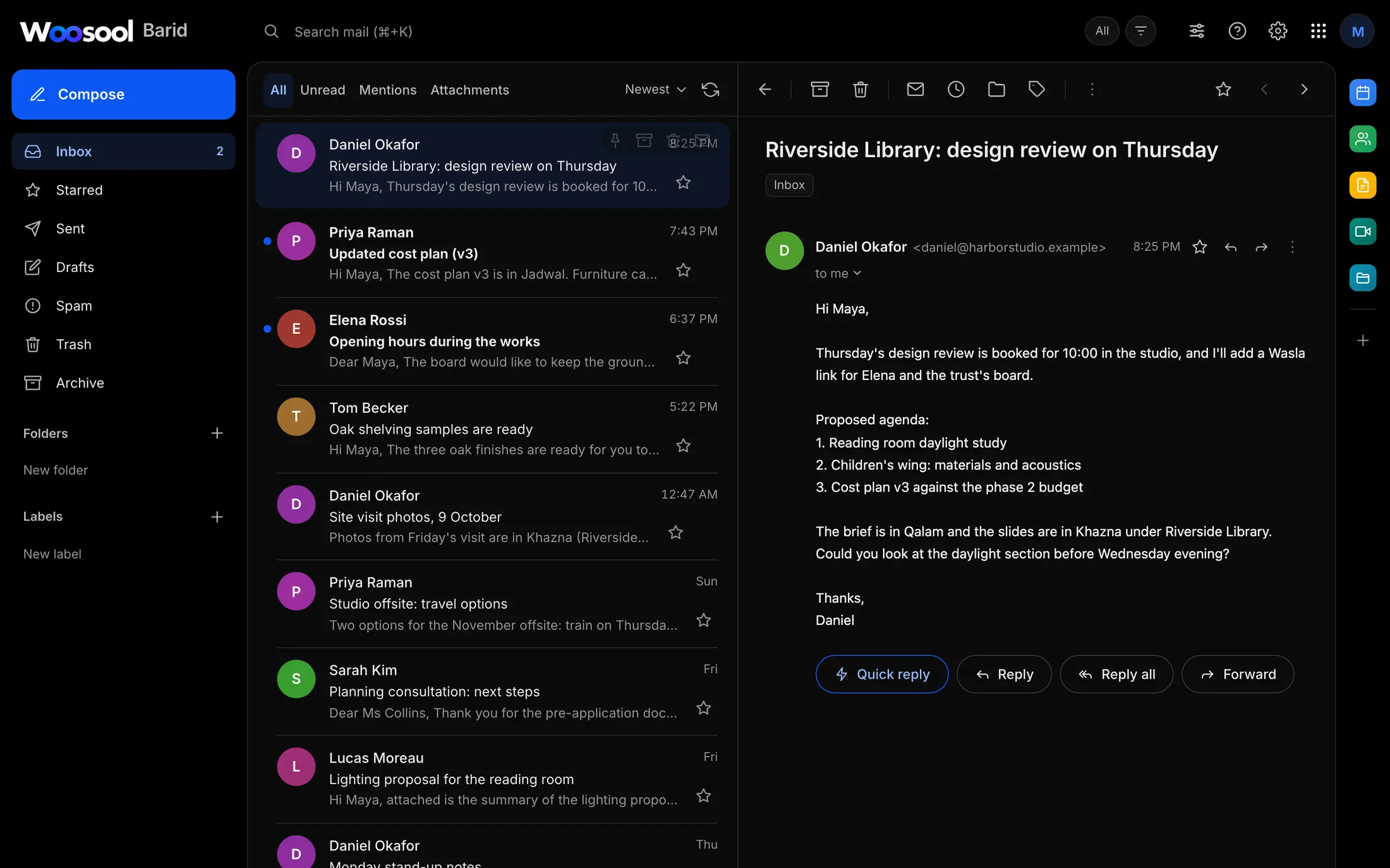 Woosool Barid inbox with an open message about a design review on Thursday