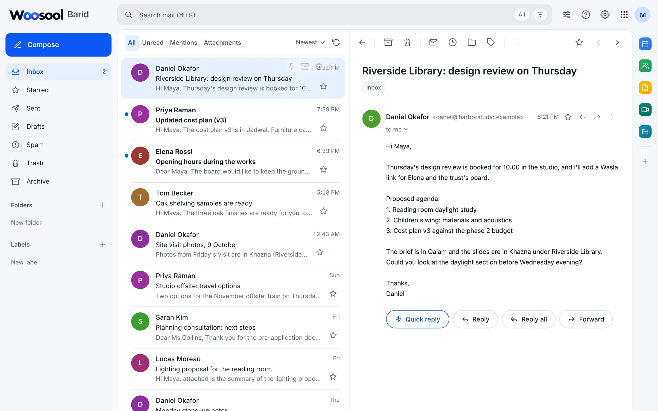 Woosool Barid inbox with an open message about a design review on Thursday