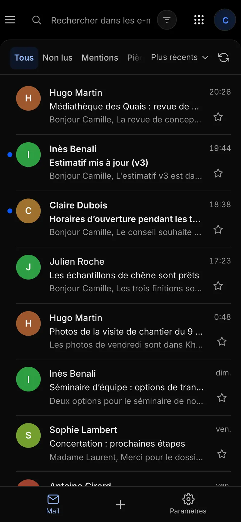 Boîte de réception de Woosool Barid sur un téléphone