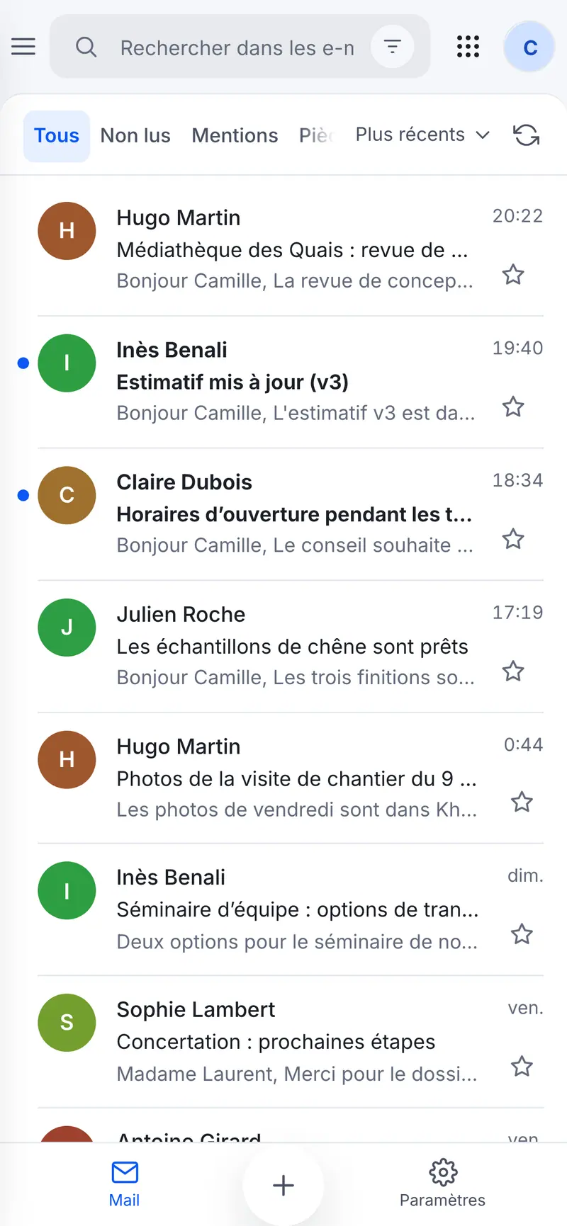 Boîte de réception de Woosool Barid sur un téléphone