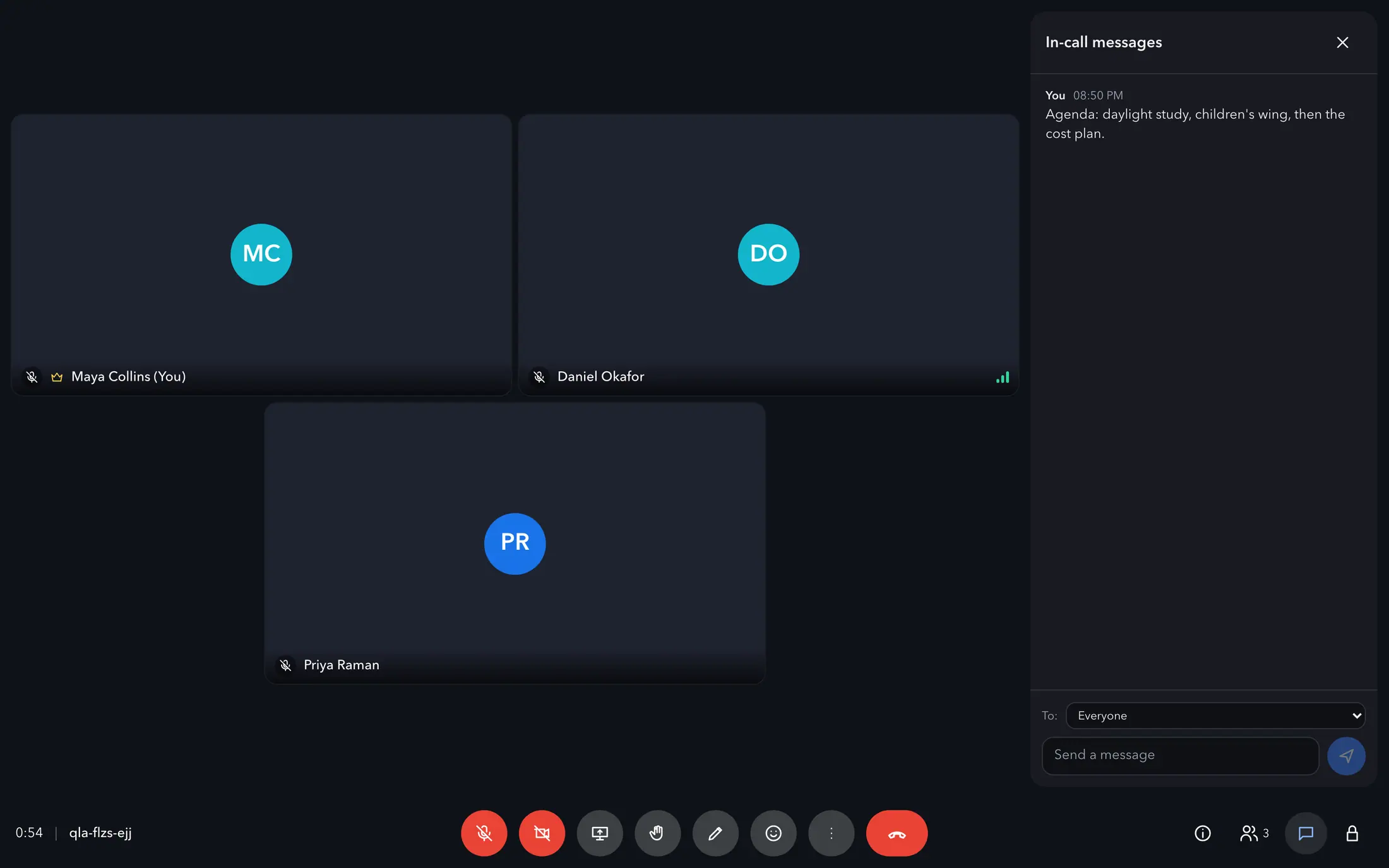 Woosool Wasla call with three participants and the meeting chat