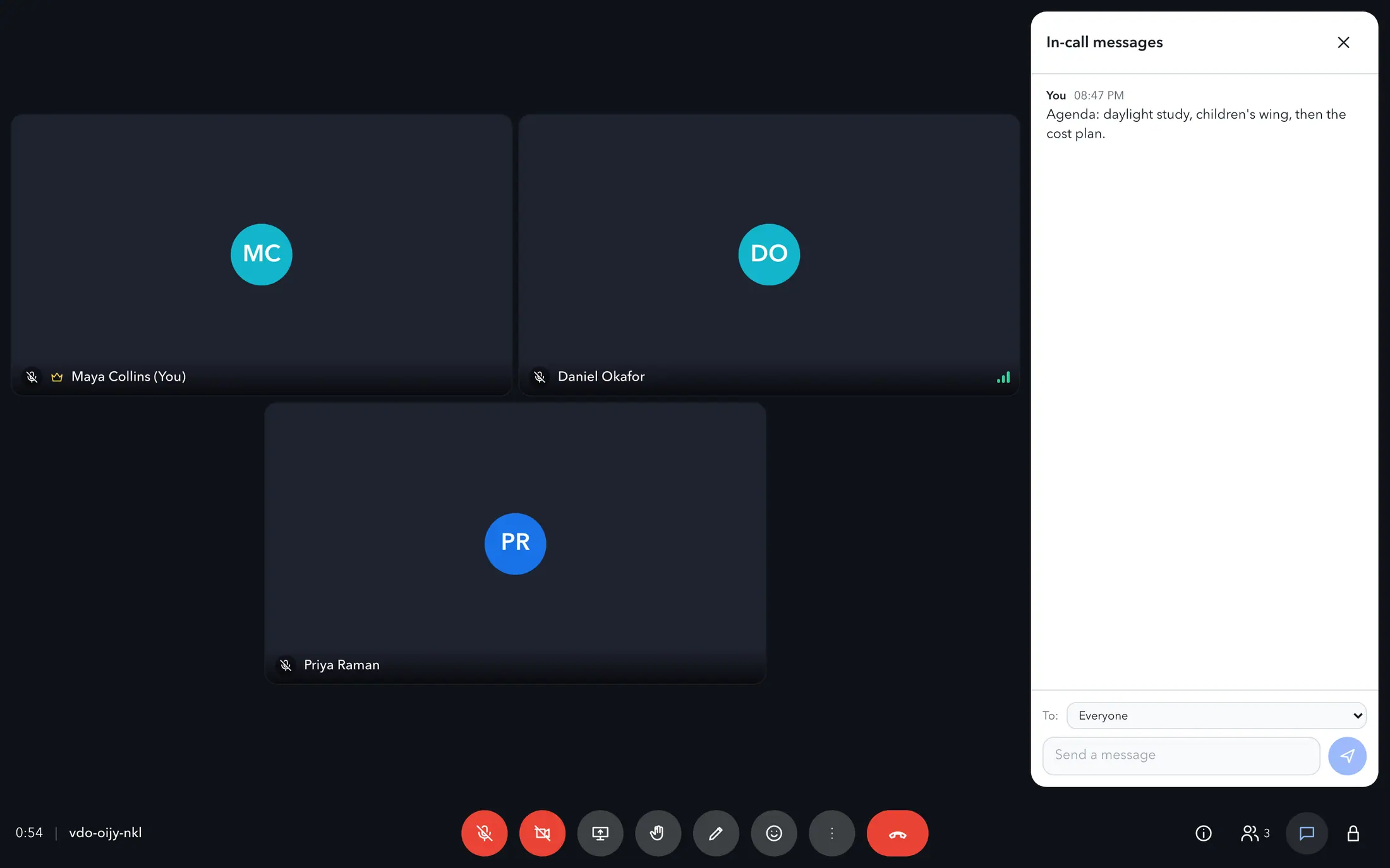 Woosool Wasla call with three participants and the meeting chat