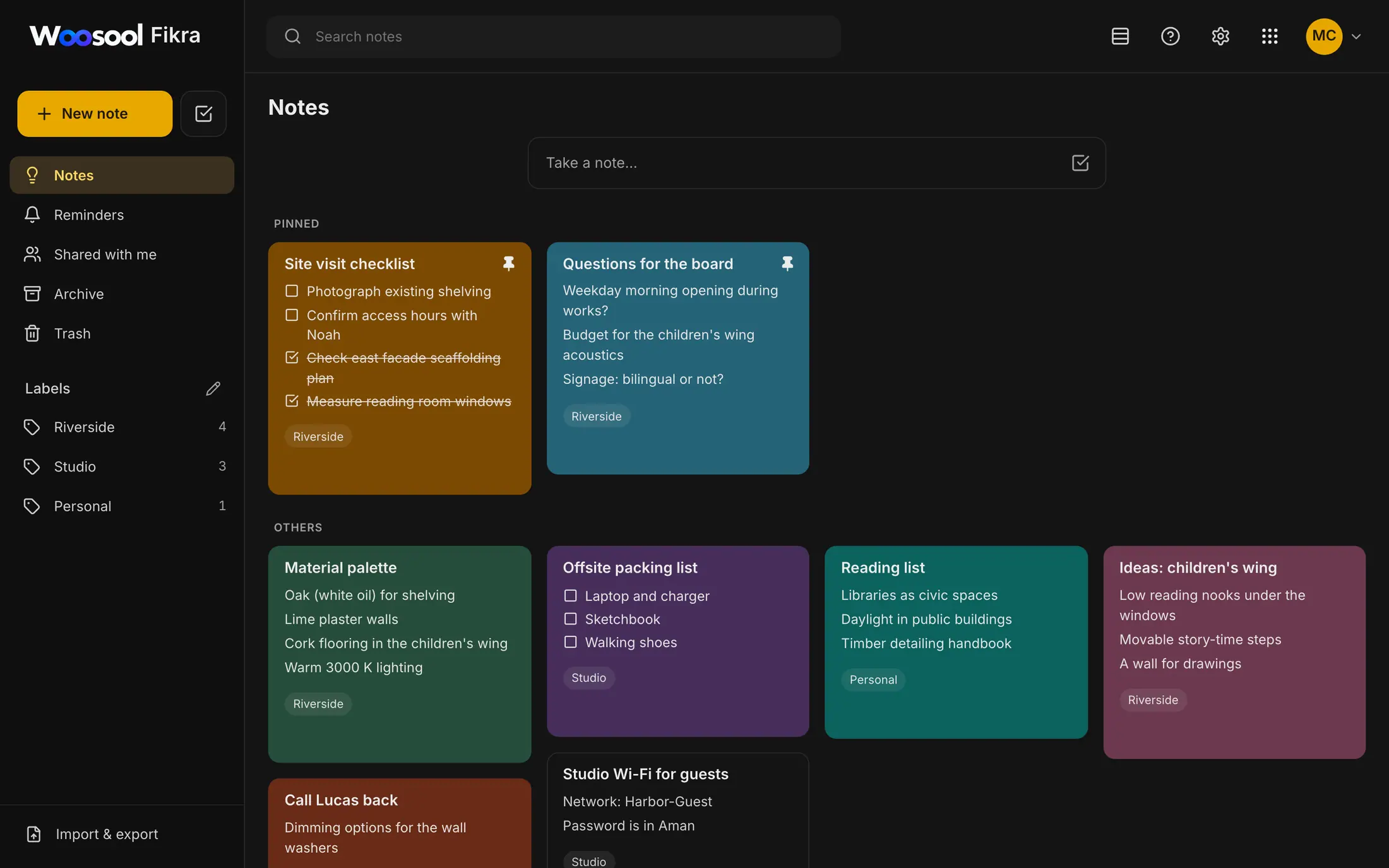 Woosool Fikra with pinned notes, checklists and labels