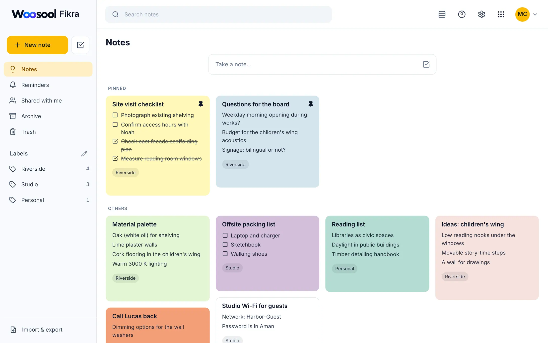 Woosool Fikra with pinned notes, checklists and labels