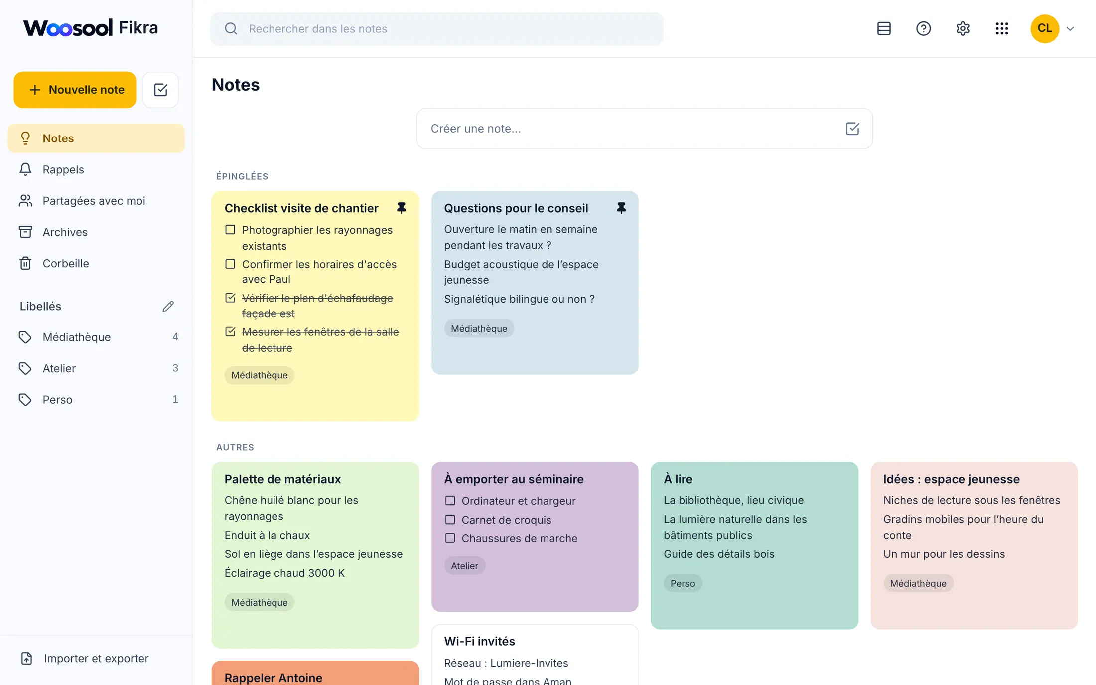 Woosool Fikra avec notes épinglées, listes de contrôle et libellés