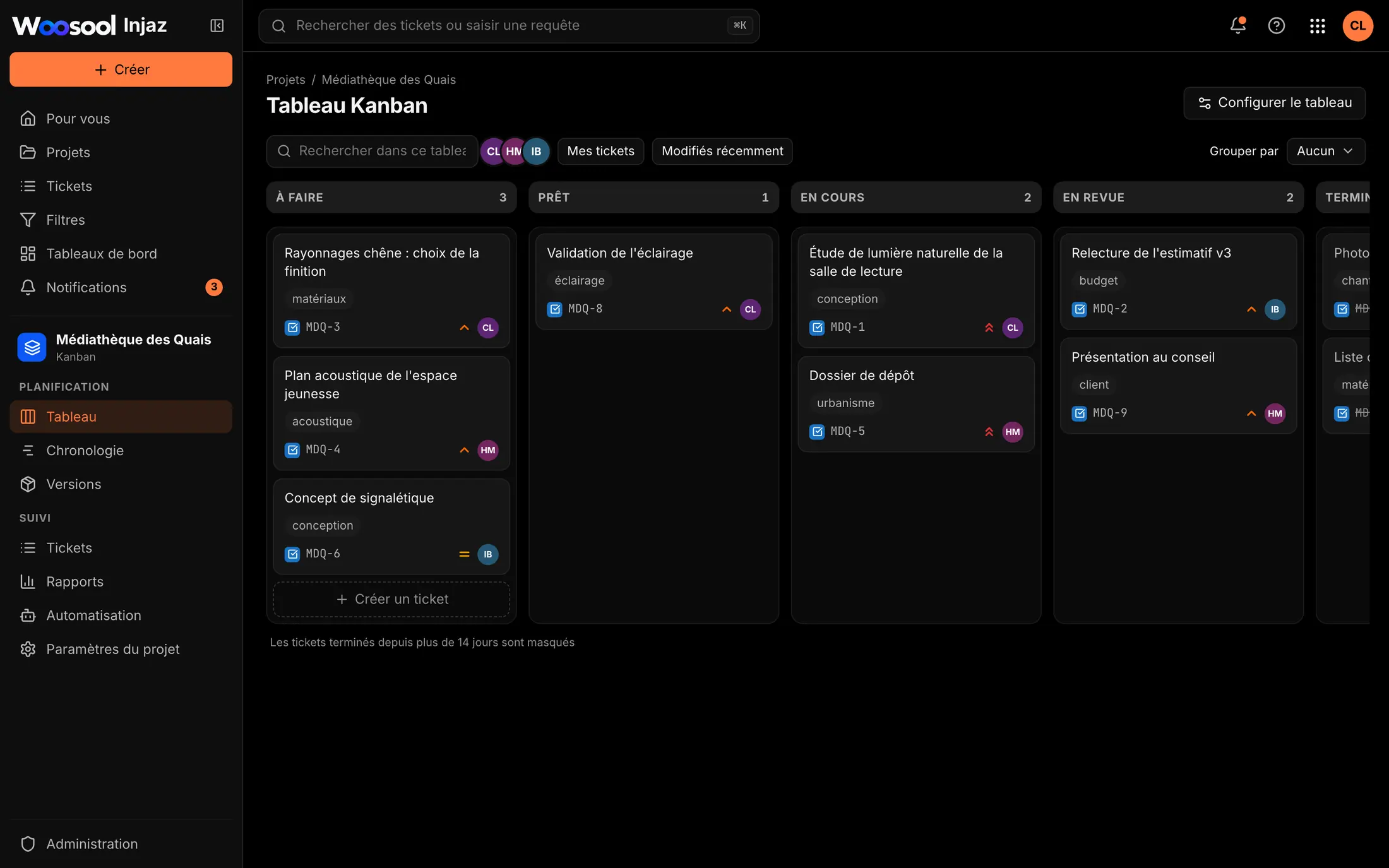 Tableau Woosool Injaz avec des tickets répartis par étape