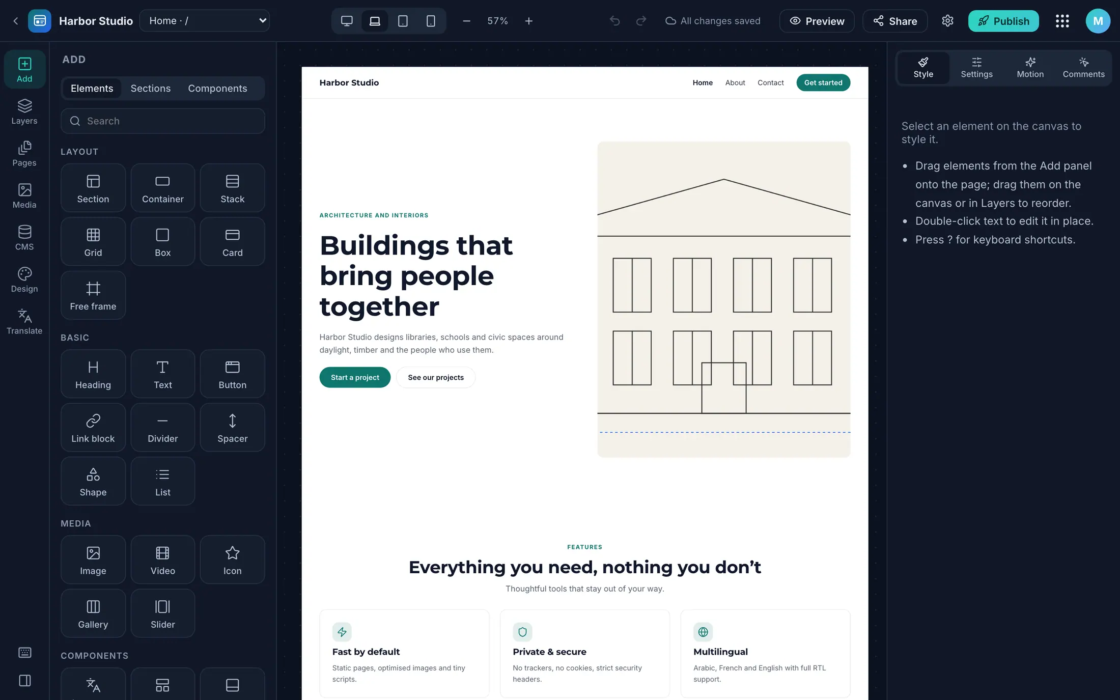 Woosool Wajha builder editing a studio website