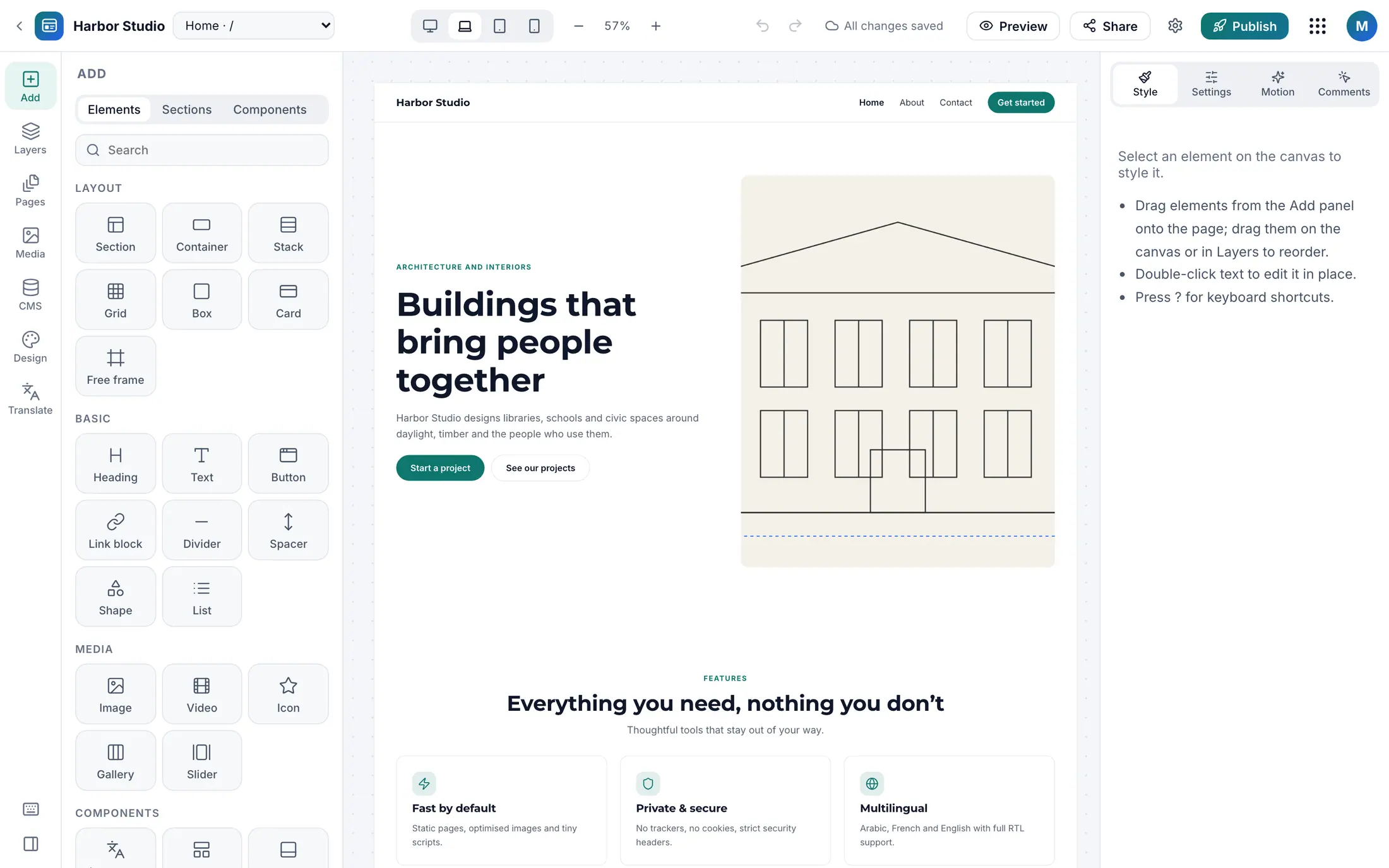 Woosool Wajha builder editing a studio website