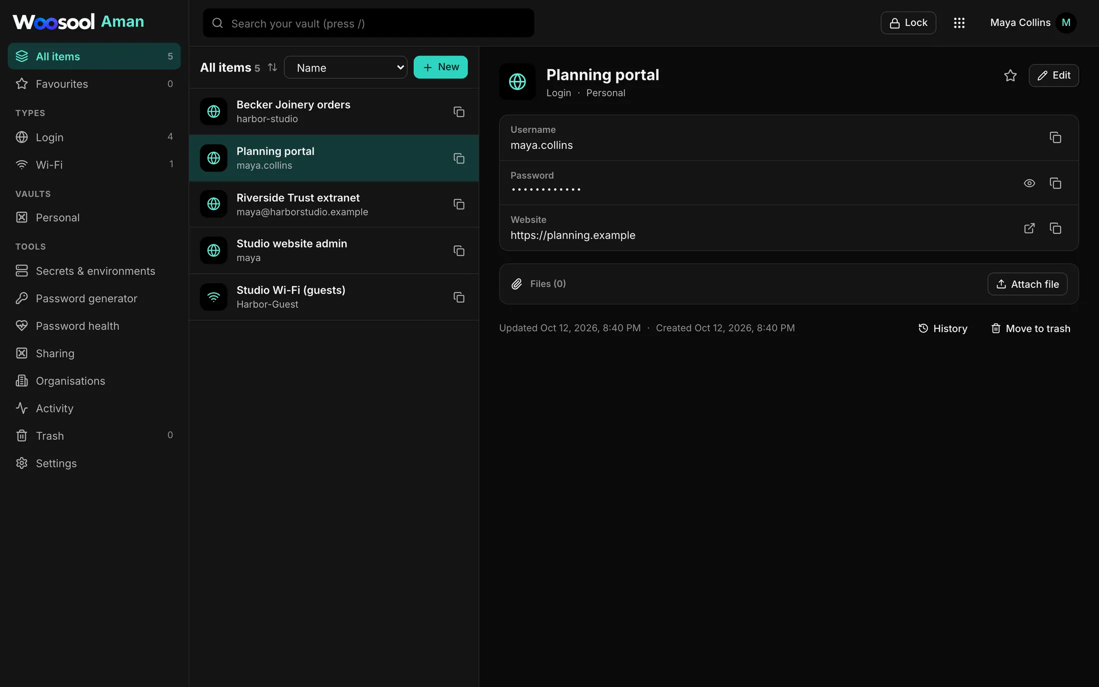 Woosool Aman with saved logins and a Wi-Fi item