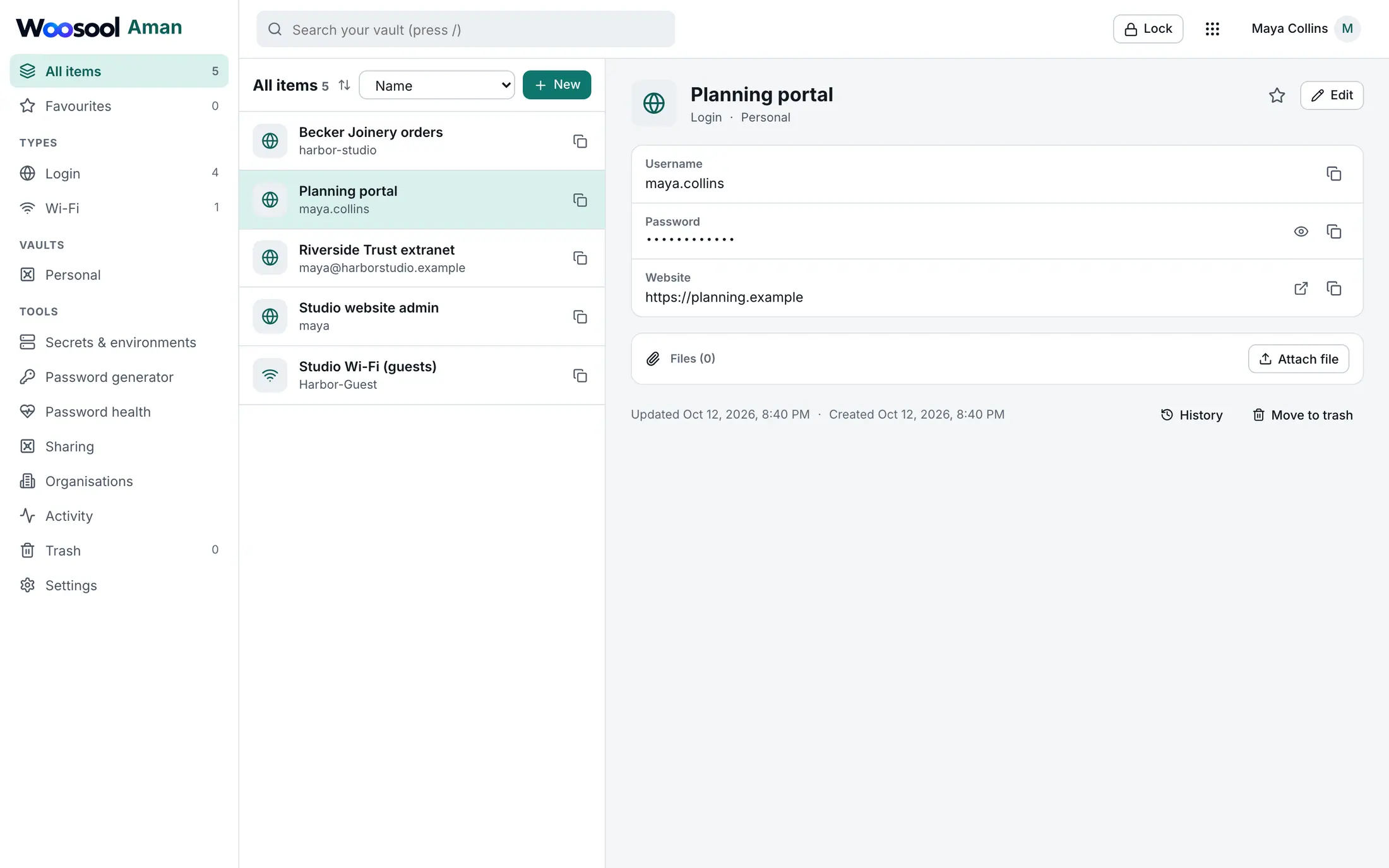 Woosool Aman with saved logins and a Wi-Fi item