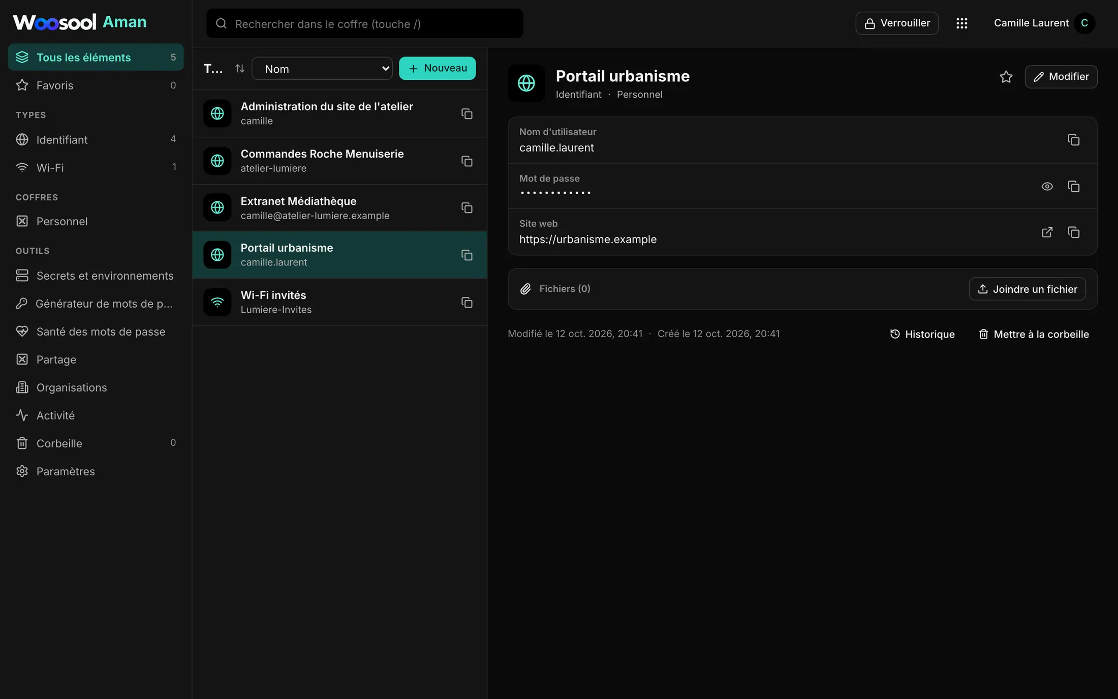 Woosool Aman avec des identifiants enregistrés et un réseau Wi-Fi